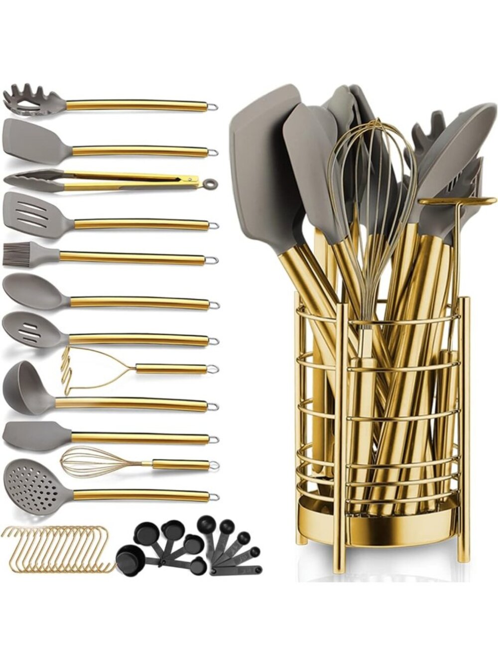 38-Piece Gold Kitchen Utensils Set - Non-Stick Silicone Cooking Tools & Holder